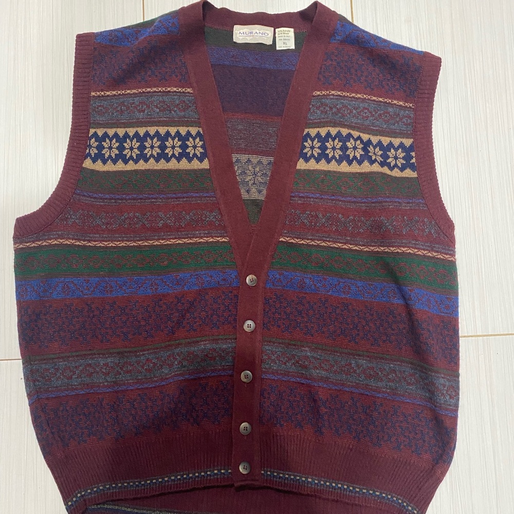 Vtg Murano Button Sweater Vest X-Large Plaid Wool Blend Green Blue Made in Italy